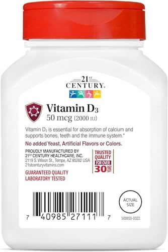 21st Century Vitamin D3 2000 IU Tablets, Bone & Immune, 110 Count | Vitamin D3 2000 IU Tablets, Bone Health & Immune System Support & Calcium Absorption, No Artificial Colors or Preservatives