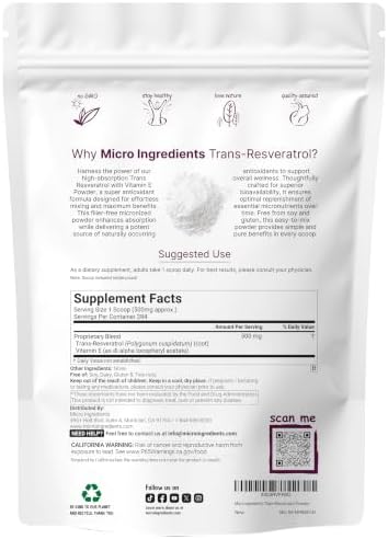 Pure Trans-Resveratrol Powder with Vitamin E, 5 Ounce, 2 in 1 Formula, Micronized Powder for Better Absorption, Premium Resveratrol Supplement