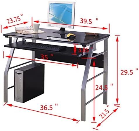 King's Brand Metal and Glass Top Home Office Computer Desk/Table, Silver Finish
