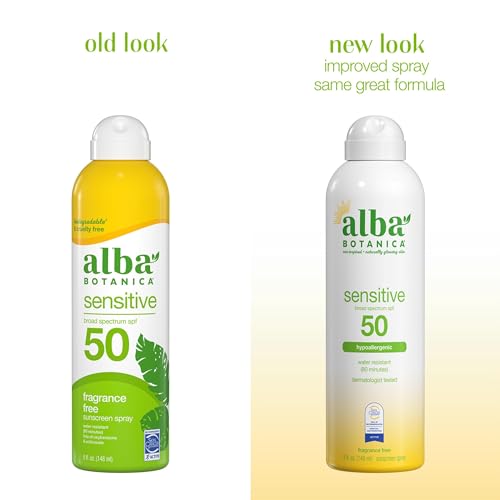 Alba Botanica Sensitive Sunscreen Spray for Face and Body, Fragrance-Free, Broad Spectrum SPF 50, Water Resistant, 5 fl. oz. Bottle