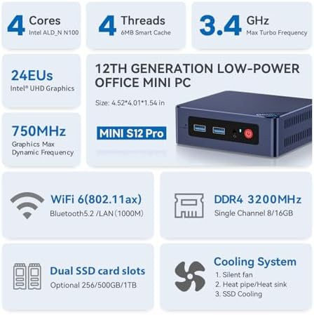 Beelink Mini PC, MINI S12 Intel Lake N95 4C/4T, 8GB DDR4 RAM 256GB SSD