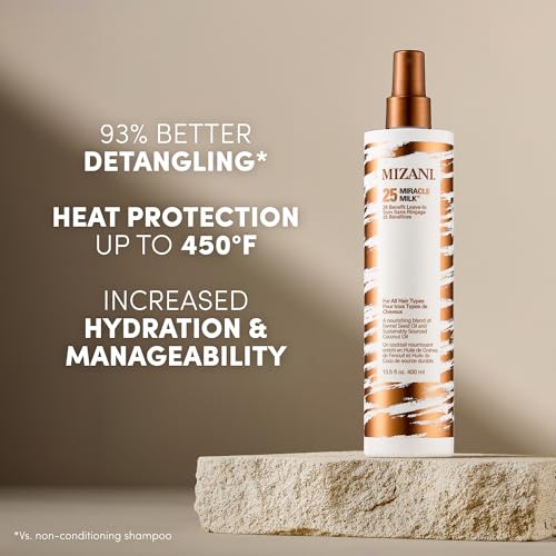 Mizani 25 Benefit Miracle Milk - Leave in Conditioner for Curly Hair, With Coconut Oil, Curl Detangler Spray, Anti Frizz Heat Protectant, No Drying Alcohols, Paraben-Free