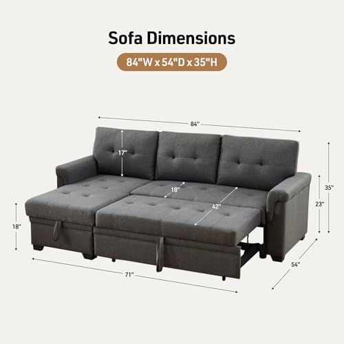 Lilola Home Convertible Sectional Sleeper Sofa Bed 84 Inch, L Shaped Couch with Pull Out Bed, Storage Chaise, Removable Back Cushions for Living Room, Office, Linen Fabric, Dark Gray