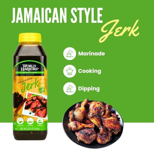 World Harbors Jamaican Jerk Sauce Sweet & Spicy Marinade for Jamaican Jerky Seasoning Chicken, Sirloin, Shrimp Jerk Seasoning Jamaican Style - Flavors for Dipping, Glazing 16 oz (Pack of 2)