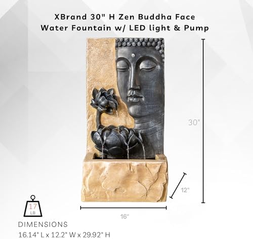 XBrand 30" H Zen Buddha Face Water Fountain w/LED Light & Pump, Indoor/Outdoor Freestanding, Relaxing Zen Décor