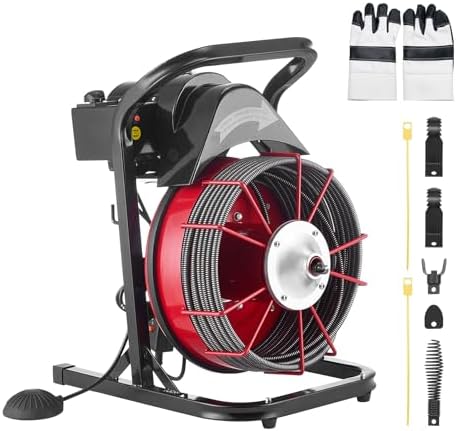 VEVOR Drain Cleaner Machine 75 FT x 3/8 Inch, Sewer Snake Auger Manual Feed with 4 Cutters & Air-activated Foot Switch for 2" to 4" Pipes