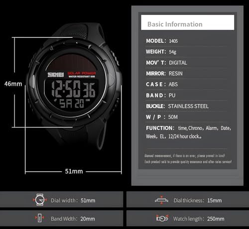 Gosasa Men's Outdoor Sports Multifunction Solar Power LED Digital Watches 50M Water Resistant (Black)