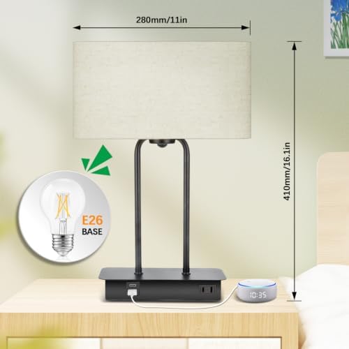16’’ Table Lamp for Bedroom, Bedside Nightstand Lamp with LED Bulb | 3-Way Dimmable, Touch Control, 2 USB Charging Ports, AC Outlet, Modern Style