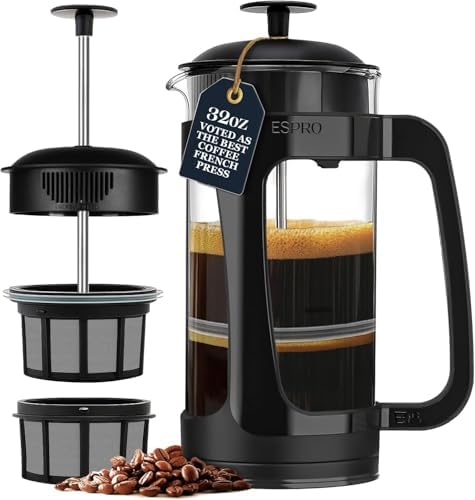 ESPRO P3 French Press Coffee Maker, 32oz, Black, Double Micro Filter Press | Grit-Free Coffee Press, Thicker Borosilicate Heat Resistant Glass french press, Tea Press, Easy Coffee Brewer, Tea Brewer