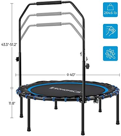 SONGMICS 40 Inches Mini Fitness Trampoline, Fitness Rebounder with Adjustable Handrail, Foldable Trampoline for At-Home Workout, Max. Load 264.6 lb