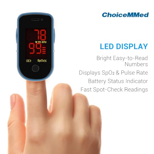 CHOICEMMed Finger Pulse Oximeter, Blood Oxygen Saturation Monitor, Fingertip O2 Sensor with LED Display, Pulse Rate Reader
