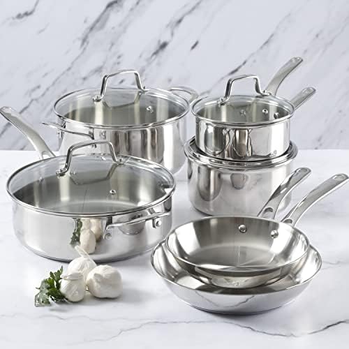 Martha Stewart Castelle 10 Piece 18/8 Durable Stainless Steel Induction Safe Pots and Pans Non-Toxic Kitchen Cookware Set - Gold Handles - Dishwasher Safe