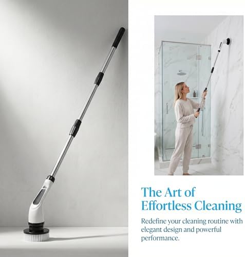Electric Spin Scrubber - Ditch the Scrubbing! Long Handle Shower Scrubber with 9 Replaceable Heads & 2 Speed Cordless Brush in Modern White!