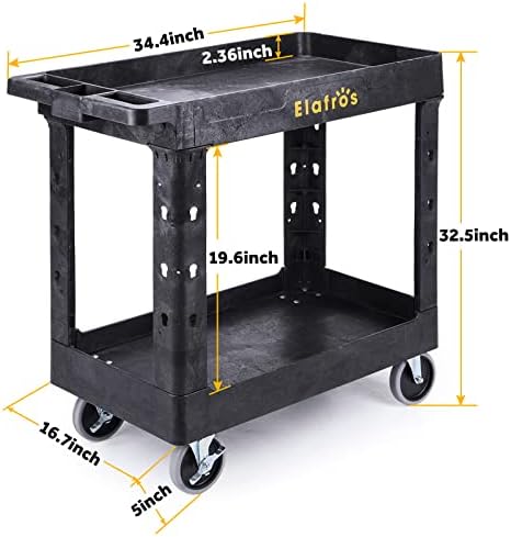 2-Tier Utility Rolling Cart, 34 x 17 in, 5" Swivel Wheels, 550lb | Deep Tub Shelves, Plastic Service Cart, Work Cart, Tool Cart, Tub Storage Organizer