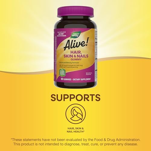 Nature's Way Alive! Hair, Skin & Nails Gummies with Collagen & Biotin,60 ct | Advanced Beauty Formula Supplement with Antioxidant Vitamins C & E*, 100 mg Collagen, 2,500 mcg Biotin, Strawberry Gummy