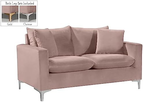 Meridian Furniture Naomi Collection Modern | Contemporary Grey Velvet Upholstered Loveseat with Stainless Steel Base in a Rich Gold or Chrome Finish, 633Grey-L