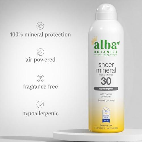 Alba Botanica Sheer Mineral Sunscreen Spray, SPF 30, Fragrance-Free Broad Spectrum, Water Resistant and Biodegradable, 5 fl. Oz. Bottle