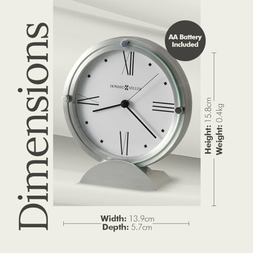 Howard Miller Simon II Tabletop Clock – Brushed Aluminum Finish, White Dial, Roman Numerals, Flat Glass Crystal, Interior Light