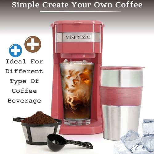 Mixpresso Single Serve & Single Cup Coffee Maker with 14oz Travel Mug Black | For ground coffee only, reusable filter, auto shut off. Compact personal drip coffee maker, not compatible with K-Cup pods.