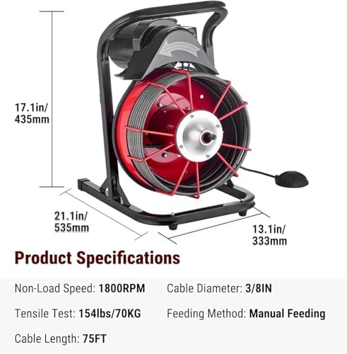 HoldwellS 50FT x 5/16 Inch Drain Cleaner Machine, Electric Drain Auger for 3/4"-3" Pipes, Sewer Snake Auger with 4 Cutters & Pneumatic Foot Switch