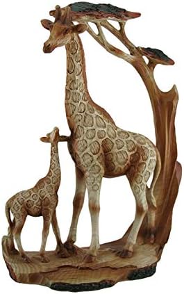 Zeckos Giraffe Family Carved Wood Look Resin Statue | 12 In. Tall, Hand-Painted Brown Finish, 8.5 In. Long X 3 In. Deep