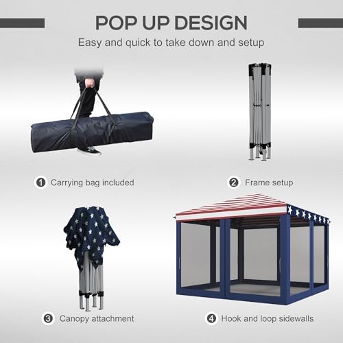Outsunny 10' x 10' Pop Up Canopy Tent with Netting Carry Bag American Flag | Instant Gazebo, Screen House Room, Height Adjustable, Outdoor, Garden