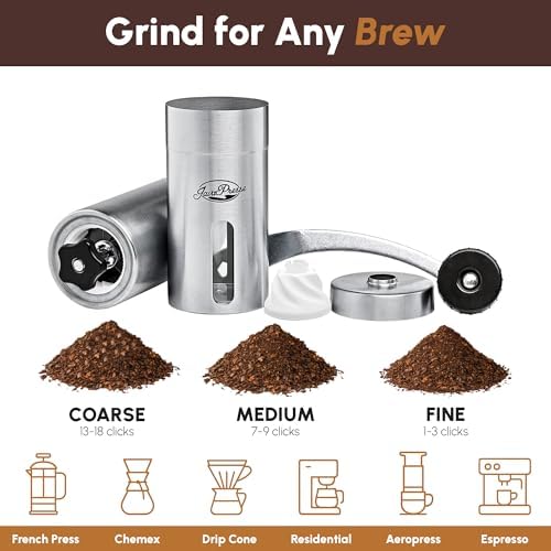 Manual Stainless Steel Coffee Grinder - 18 Adjustable Settings, Portable Conical Burr Grinder for Camping, Travel, Espresso - With Hand Crank
