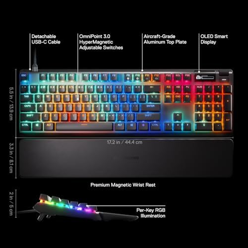 SteelSeries Apex Pro Gen 3 OmniPoint 3.0 HyperMagnetic Switches Adjustable Actuation Rapid Trigger Game-Ready Presets Protection Mode Rapid Tap/SOCD