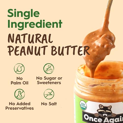 Once Again Organic Crunchy Peanut Butter No Sugar Added - Single Ingredient, Unsalted, Natural Peanut Butter No Palm Oil - Glass Jar, Non-GMO, Gluten Free - Chunky, Unsweetened - 1 Jar (16 oz)