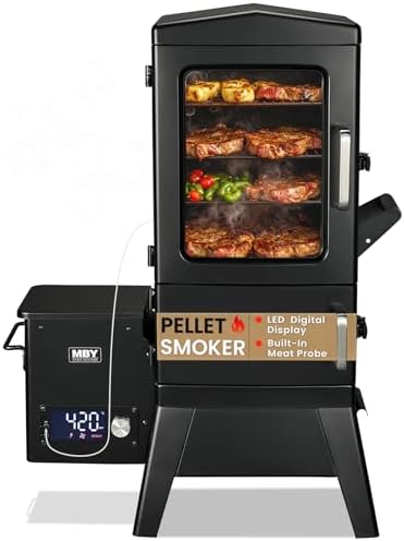 Pellet Smoker with Cover, Electric Wood Pellet Smoker Grill With Meat Probe and Hook, 616 Sq in Cooking Area LED Display Temperature Control