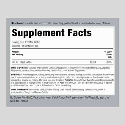 Piping Rock Iron Ferrous Sulfate 65 mg | 250 Tablets | Iron Supplement | High Potency Formula | Vegetarian, Non-GMO, Gluten Free