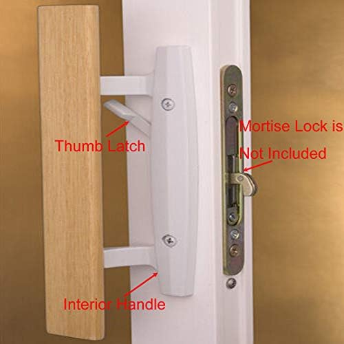 Mortise Style Reversible Sliding Patio Door Handle Set with Oak Wood Interior Handle and Exterior Pull in White Diecast Finish Fits 3-15/16” Screw