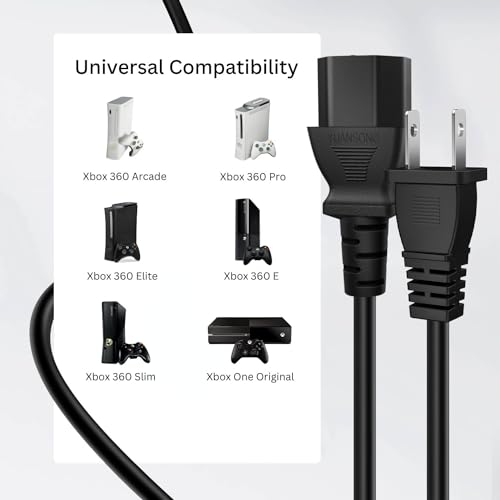 TNP 2 Prong AC Power Cord for Xbox 360 E, Slim, PS4 Pro, 10 ft, Black | Replacement Cable for Xbox One Original, Xbox 360 Pro, Elite, Arcade, Jasper and Falcon; Check Connector Before Purchase