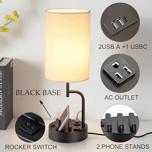 Dreamholder Table Lamp with 3 USB Charging Ports, Modern Desk Lamp with AC Outlet and Phone Stands, Perfect Bedside Lamp for Bedroom, Living Room