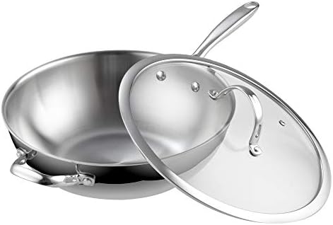 Cooks Standard Multi-Ply Clad 12 Inch Stainless Steel Wok Pan, Stir Fry Pan with Glass Lid, Induction Cookware, Dishwasher & Oven Safe, Compatible with All Cooktops
