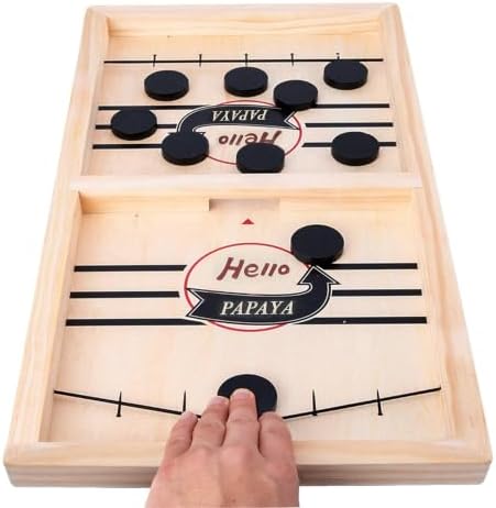 HELLO PAPAYA Fast Sling Puck Game - Test Your Speed and Accuracy with This Fast-Paced Wooden Air Hockey Desktop Battle Board Game - Guaranteed Fun