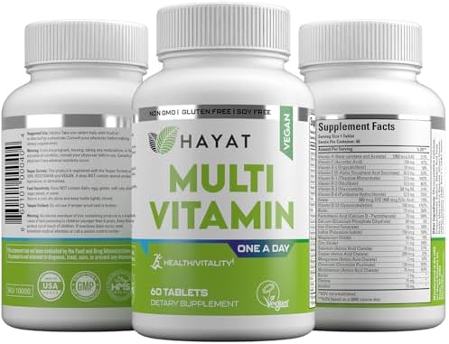 HAYAT Vitamins Vegan Natural Multivitamin, Daily Vitamins with Vitamin A, C, D, E, B1, B2, B3, B6, B12, Biotin, Zinc and More, 2 Month Supply