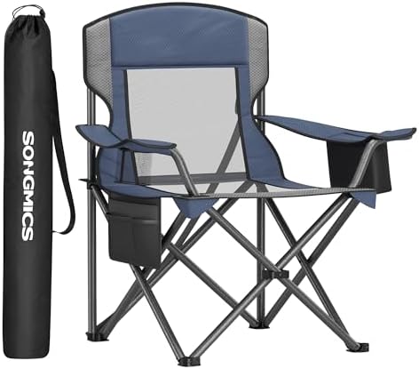 SONGMICS Camping Chair, Folding Oversized Chair, Comfortable and Heavy-Duty, 352 lb Weight Capacity, Adjustable Armrests with Cooler Bag, Storage Bag, Breathable Mesh, Bijou Blue UGCB060Q01