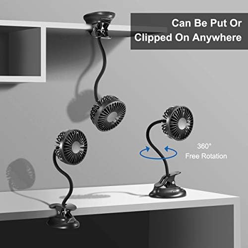 Clip On USB Mini Desk Fan with Emergency Power Bank, Battery Operated Rechargeable Portable Fan - Flexible Neck, 3 Speed Personal Cooling for Car