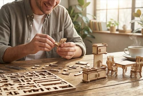 Dollhouse Furniture Set, 34 Wooden Miniatures and Accessories, 1:24 | Laser-cut DIY 3D puzzles, living, dining, kitchen, bath and bedroom pieces