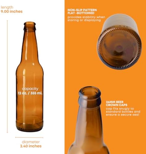 FastRack Amber Beer Bottles 12oz (Pack of 24) | Longneck Glass Beer Bottles with Pry-off Crown Finish for Home Brewing Mead
