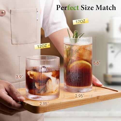 Ribbed Drinking Glasses Cups Set of 8 Large Capacity Highball 17oz&12oz | Rocks Cocktail Glasses Ideal for Beer, Juice, Water, Ice Coffee Cup, Whiskey
