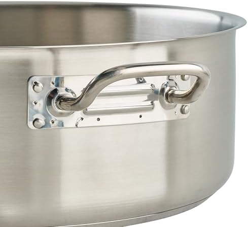 Winco 15 qt Stainless Steel Brazier Pan with Lid | Flat bottom, Wide base, Riveted handles, Induction safe, Great for Braising, Simmering, Batch Cooking and Restaurant Kitchens