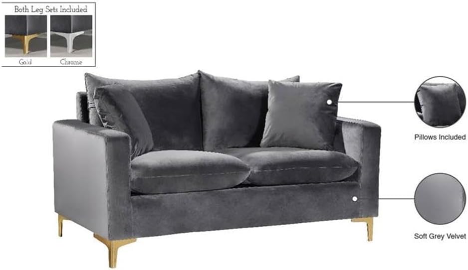 Meridian Furniture Naomi Collection Modern | Contemporary Grey Velvet Upholstered Loveseat with Stainless Steel Base in a Rich Gold or Chrome Finish, 633Grey-L