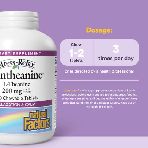 Natural Factors Suntheanine L-Theanine 100 mg - Health Supplement for Calm Outlook - L-Theanine Supplement Supports Relaxing Sleep & Aids Against Drowsiness - 60 Chewable Tablets (30 Servings)