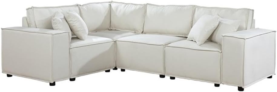 Lilola Home Melrose 99-inch Modular Sectional Sofa with Ottoman, Beige Linen Fabric L-Shaped Corner Couch for Small Spaces