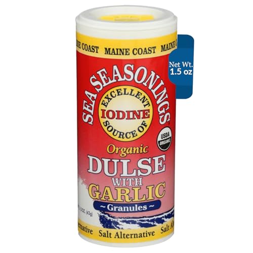 Maine Coast Sea Vegetables Organic Dulse Granules With Garlic Shaker - Seaweed Seasoning - Rich in Iodine - North Atlantic Harvested - Great for