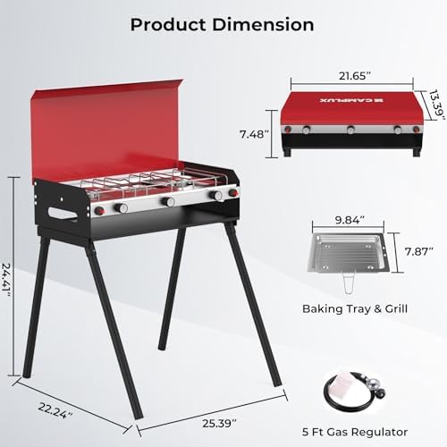 CAMPLUX 2 Burners & 1 Grill Propane Camping Stove, 15, 000 BTU Portable Outdoor Propane Camping Grill Burner with Free Standing Legs