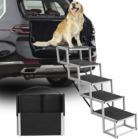 Deergym Dog Stairs for Large Dogs - 5 Step Wide 16in High 34in Foldable Dog Ramp for Car Non-Slip Surface Support up to 230lbs - Suitable for SUV,Truck, Sofas, Bed
