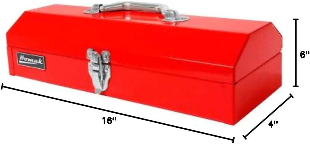 Homak Tool Box, 16" Portable Steel Small Tool Box with Metal Latch Closure & Plastic Handle, Multi-Purpose Heavy Duty Toolbox, Red
